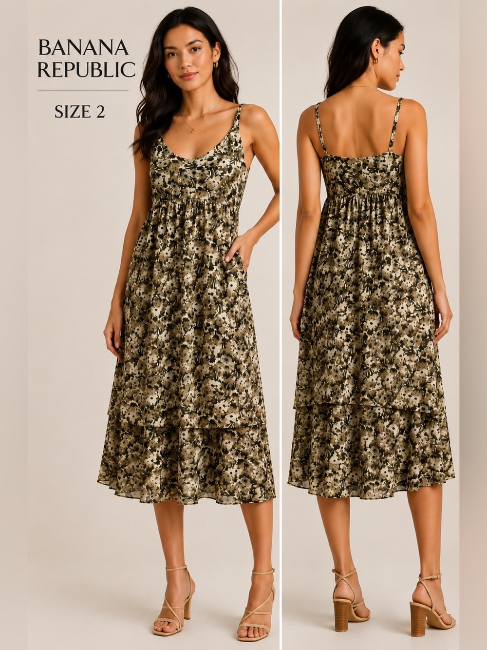 Banana Republic 100% Silk Floral Midi Dress Size 2 Neutral Boho Sleeveless